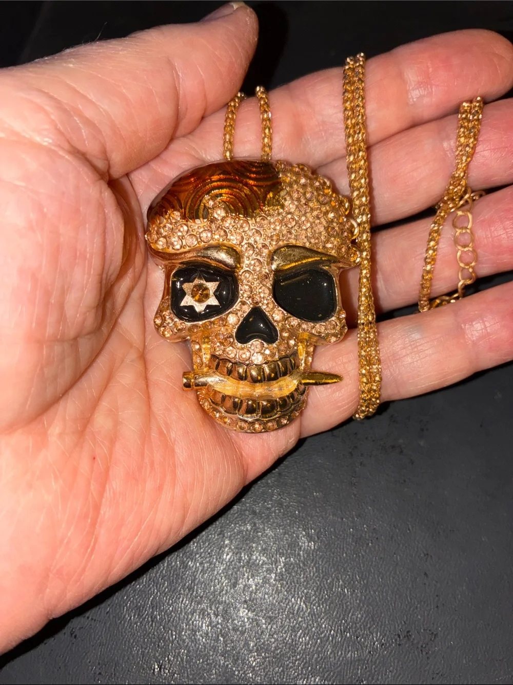 Gold Crystal Skull Pendant Necklace